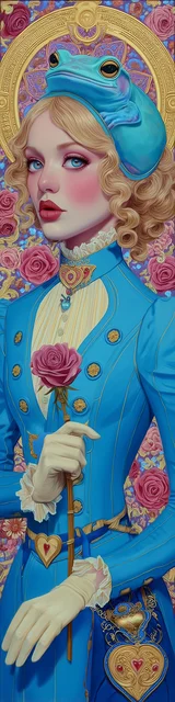 Free printable frog bookmark featuring blue frog hat on a fancy lady